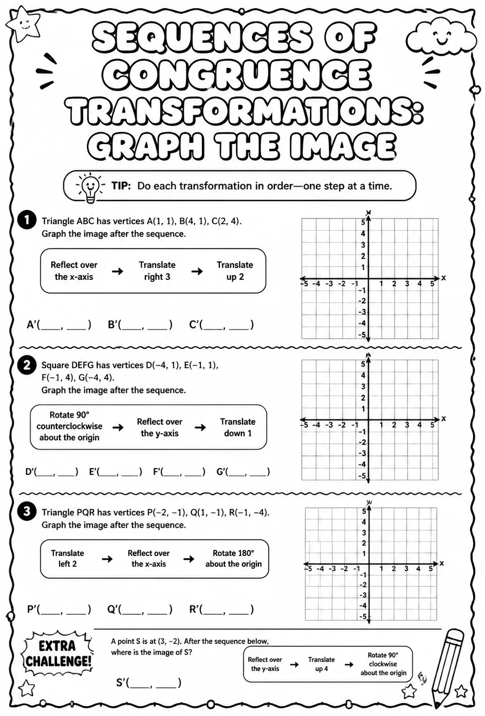 Sequences of congruence transformations: graph the image — free printable Geometry math worksheet