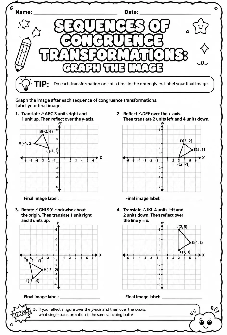 Sequences of congruence transformations: graph the image — free printable Grade 8 math worksheet