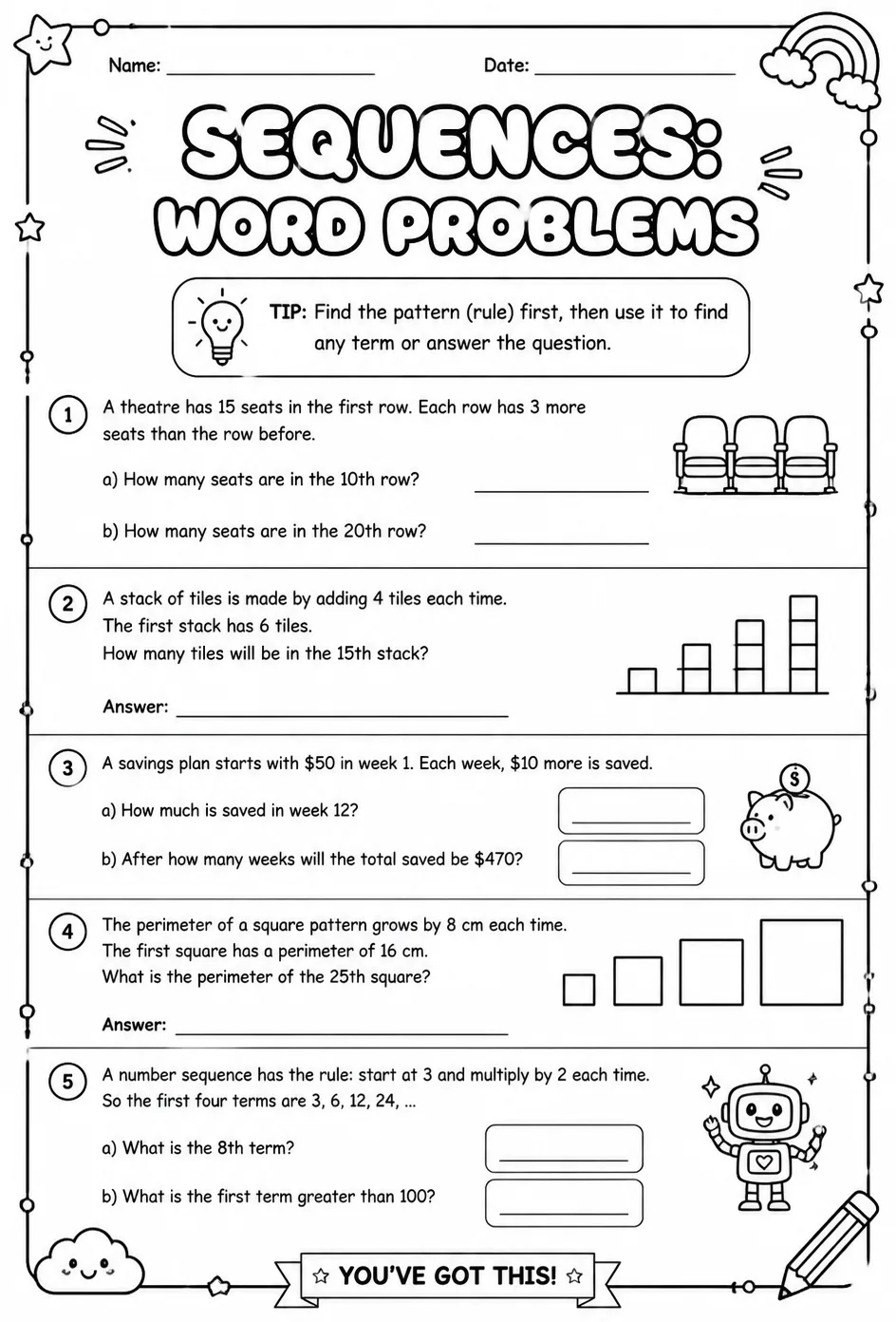 Sequences: word problems — free printable Grade 7 math worksheet