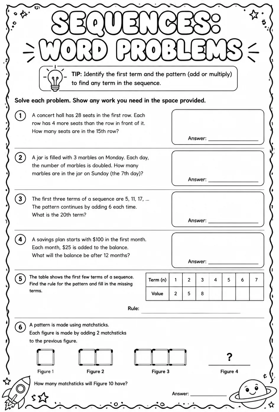 Sequences: word problems — free printable Grade 8 math worksheet