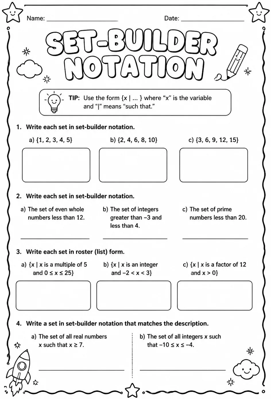Set-builder notation — free printable Algebra 1 math worksheet
