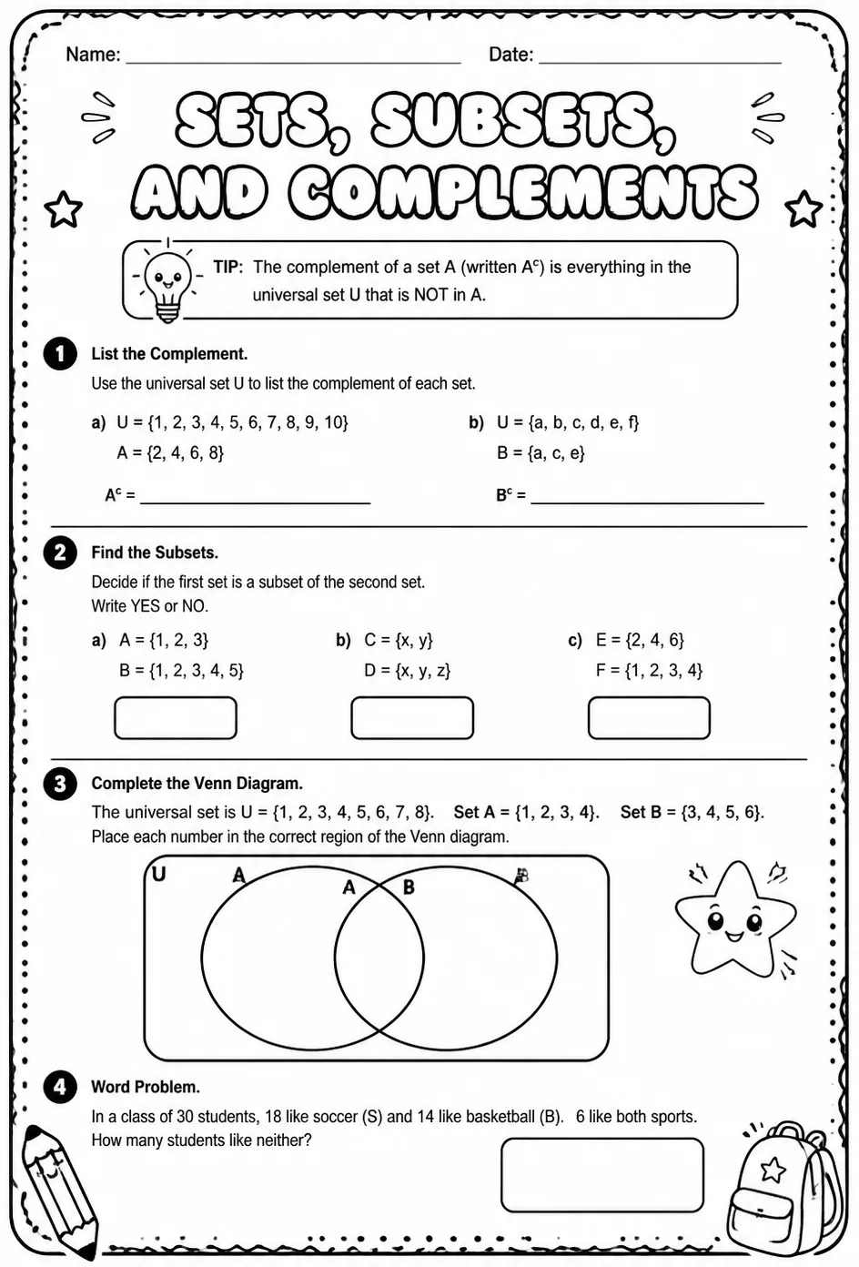 Sets, subsets, and complements — free printable Algebra 1 math worksheet