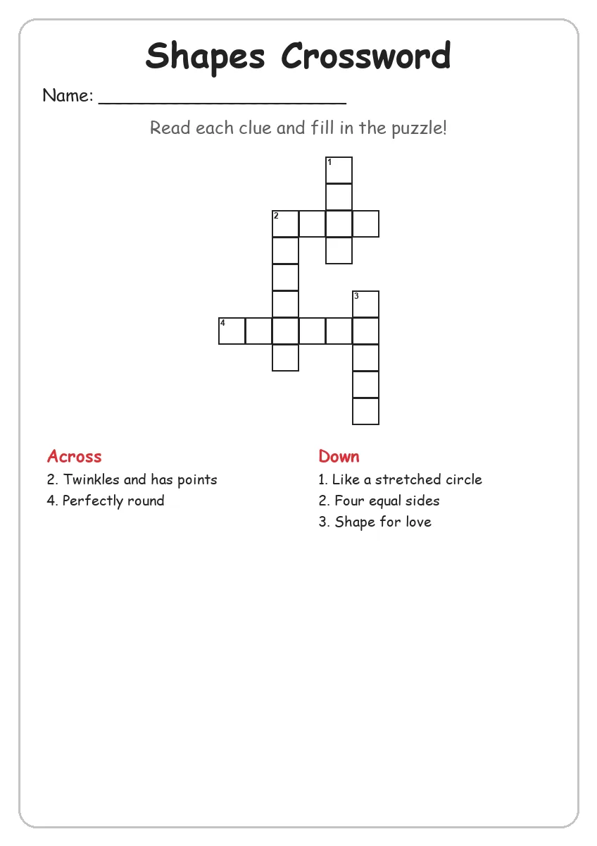 Shapes crossword worksheet for Grade 1