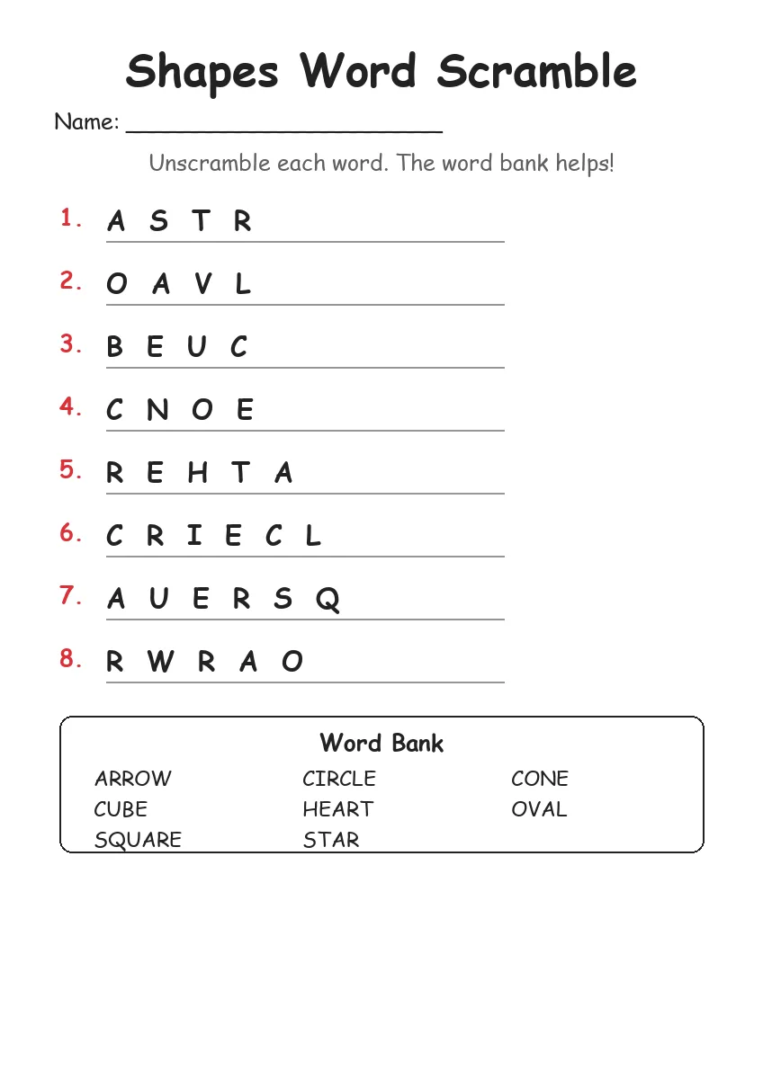 Shapes word scramble worksheet for Grade 1