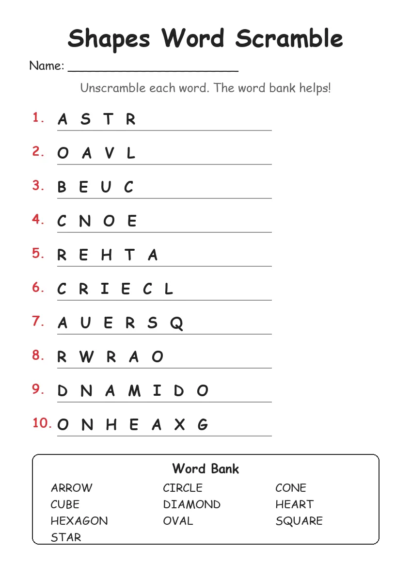 Shapes word scramble worksheet for Grade 3