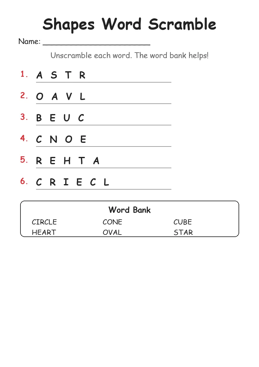 Shapes word scramble worksheet for Kindergarten