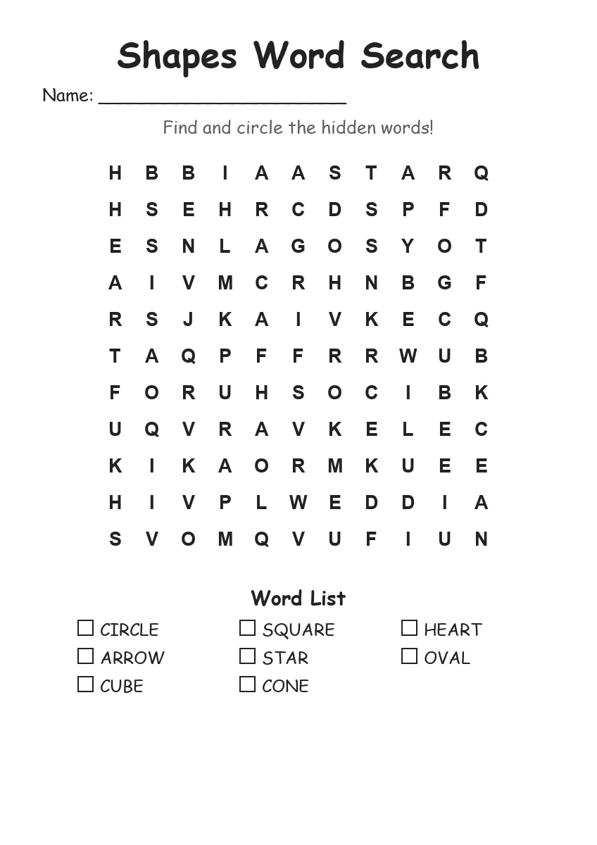 Shapes word search worksheet for Grade 1