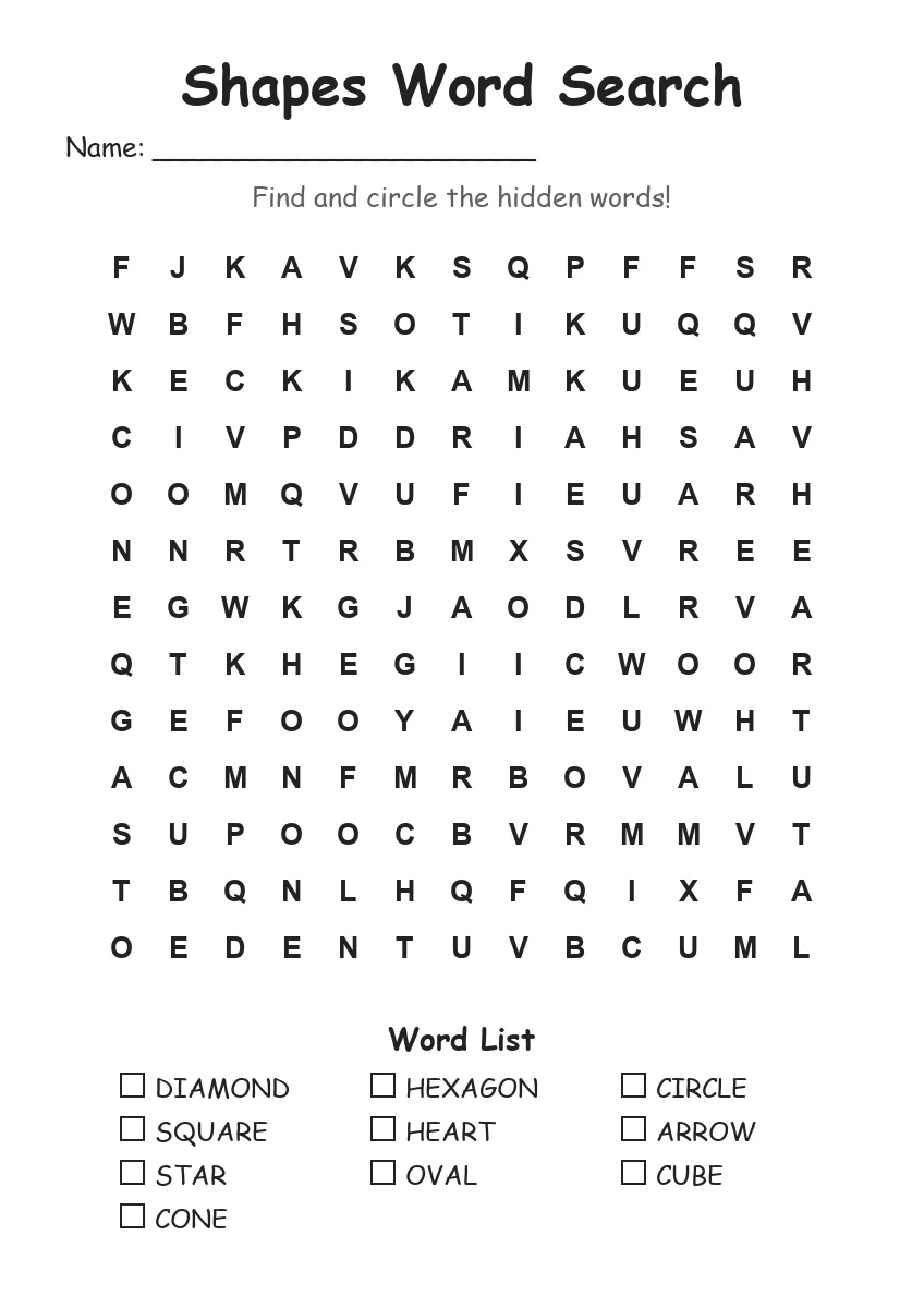 Shapes word search worksheet for Grade 2