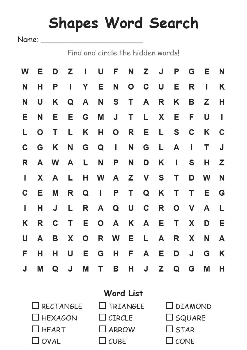 Shapes word search worksheet for Grade 3
