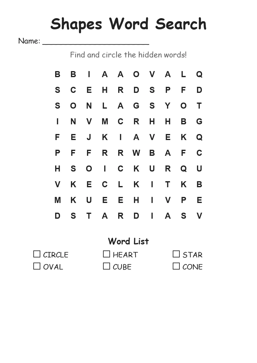 Shapes word search worksheet for Kindergarten