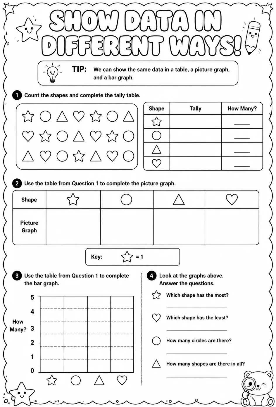 Show data in different ways — free printable Grade 1 math worksheet