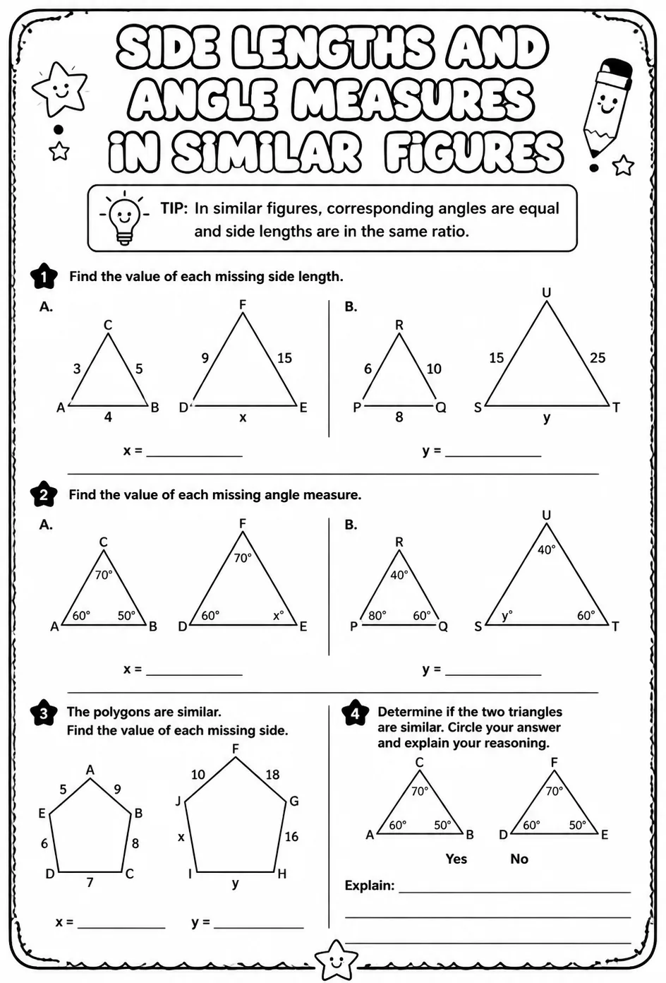 Side lengths and angle measures in similar figures — free printable Geometry math worksheet