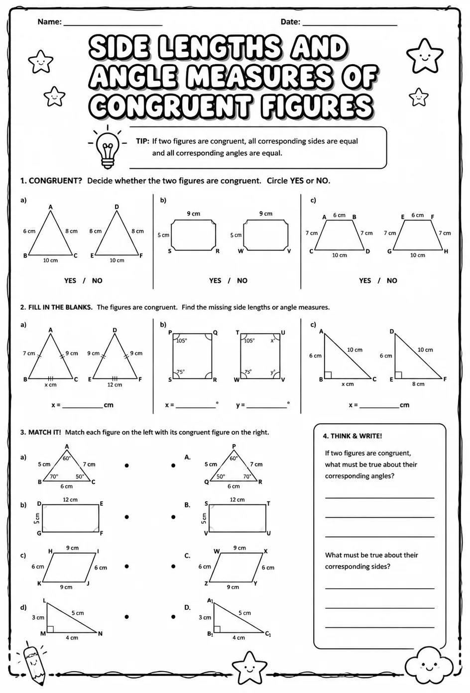 Side lengths and angle measures of congruent figures — free printable Grade 7 math worksheet