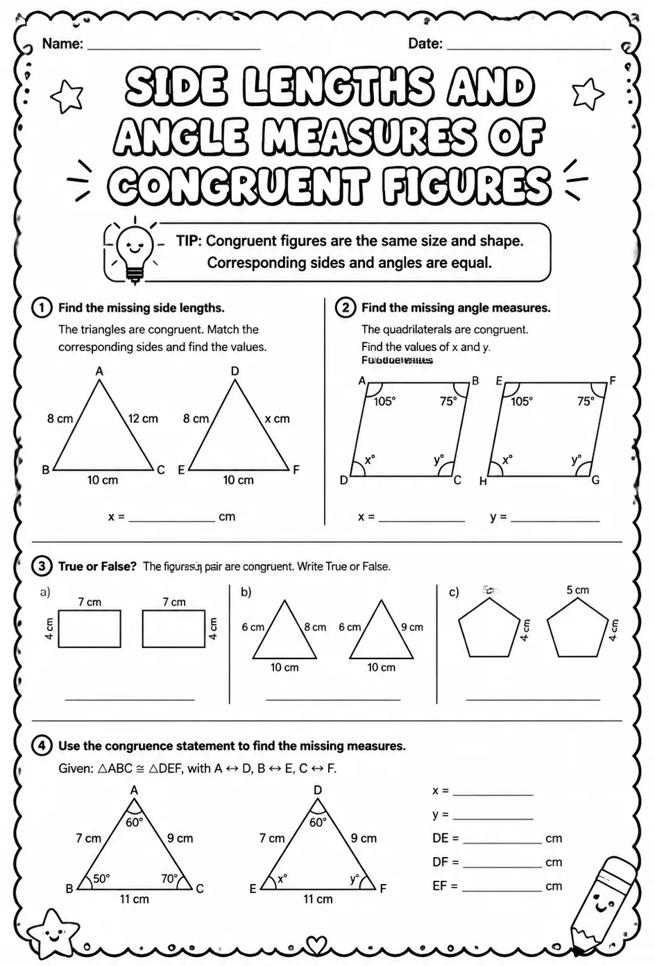 Side lengths and angle measures of congruent figures — free printable Grade 8 math worksheet