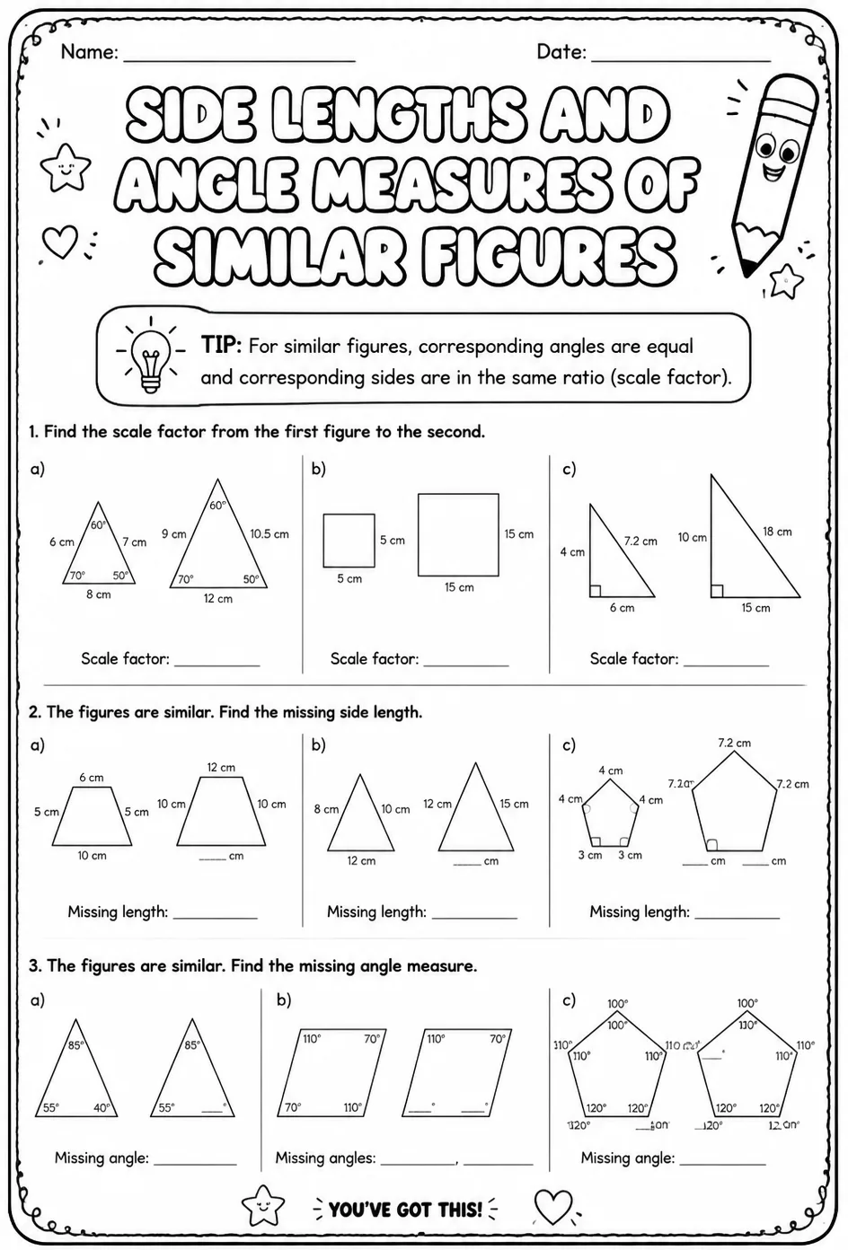 Side lengths and angle measures of similar figures — free printable Grade 7 math worksheet