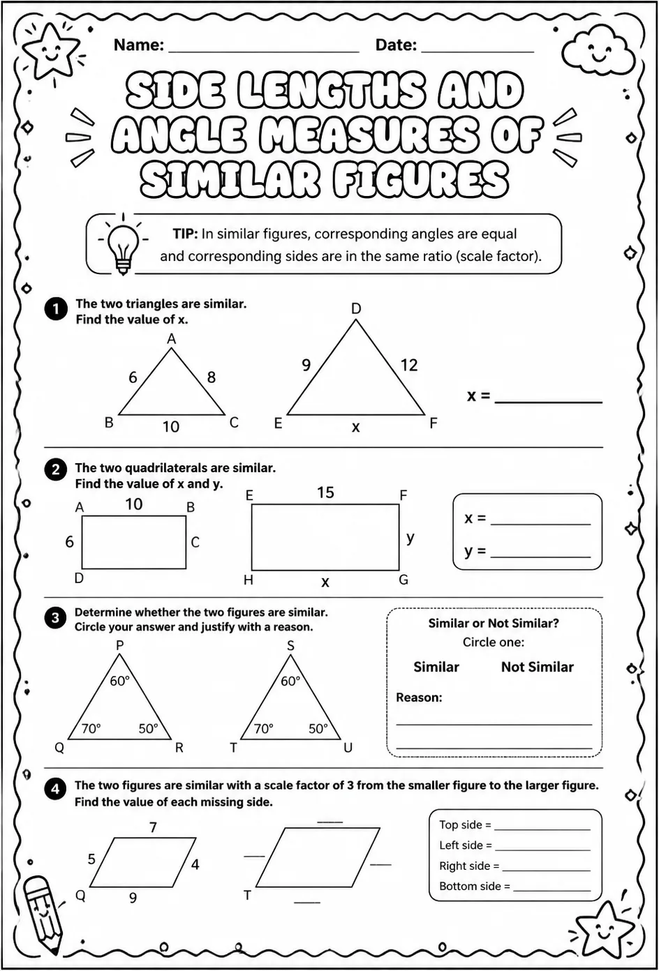 Side lengths and angle measures of similar figures — free printable Grade 8 math worksheet