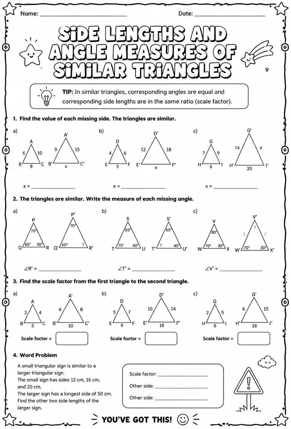 Side lengths and angle measures of similar triangles — free printable Grade 8 math worksheet