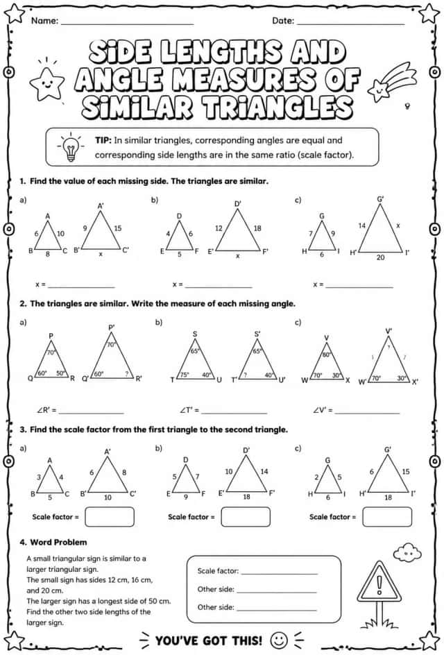 Side lengths and angle measures of similar triangles