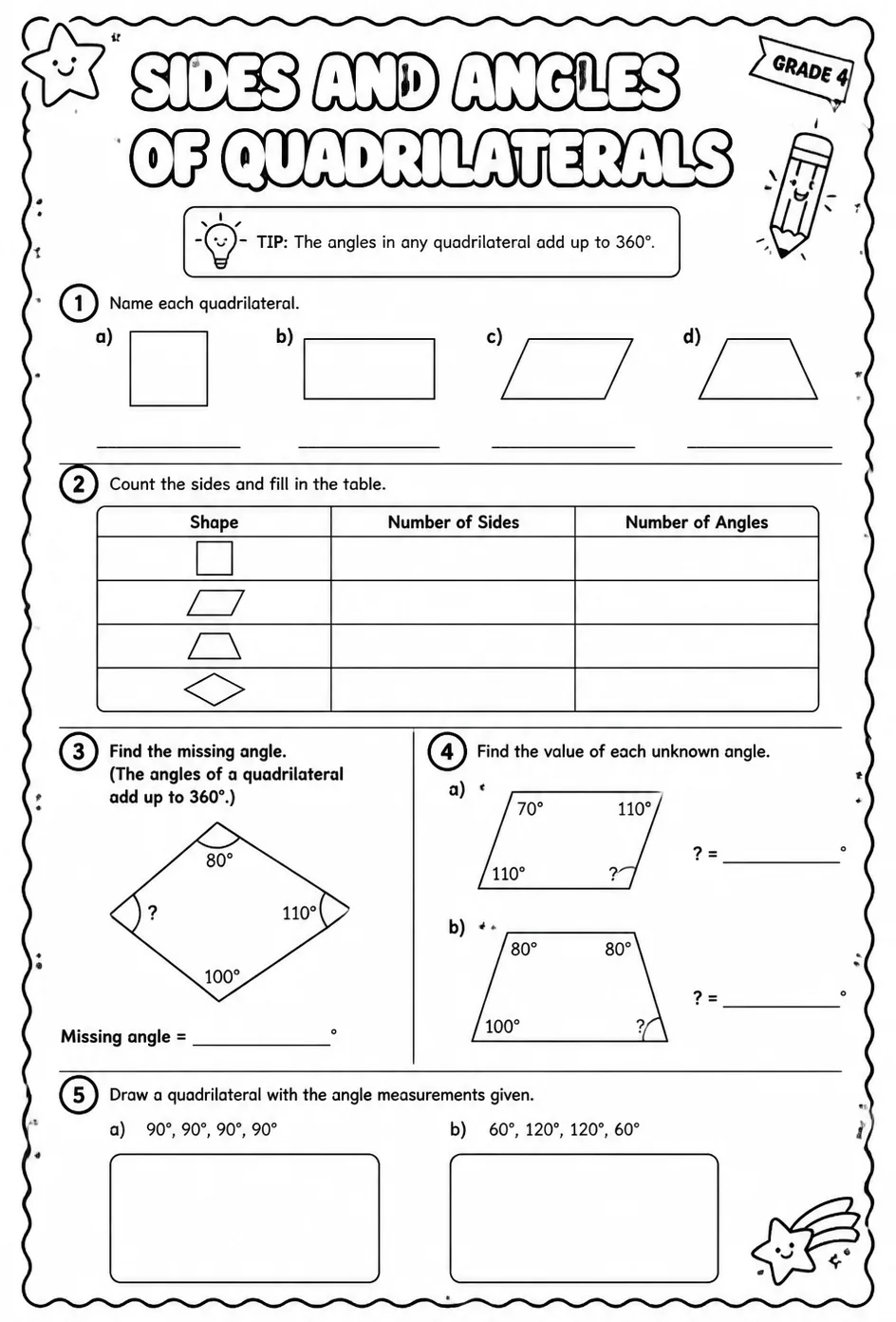 Sides and angles of quadrilaterals — free printable Grade 4 math worksheet