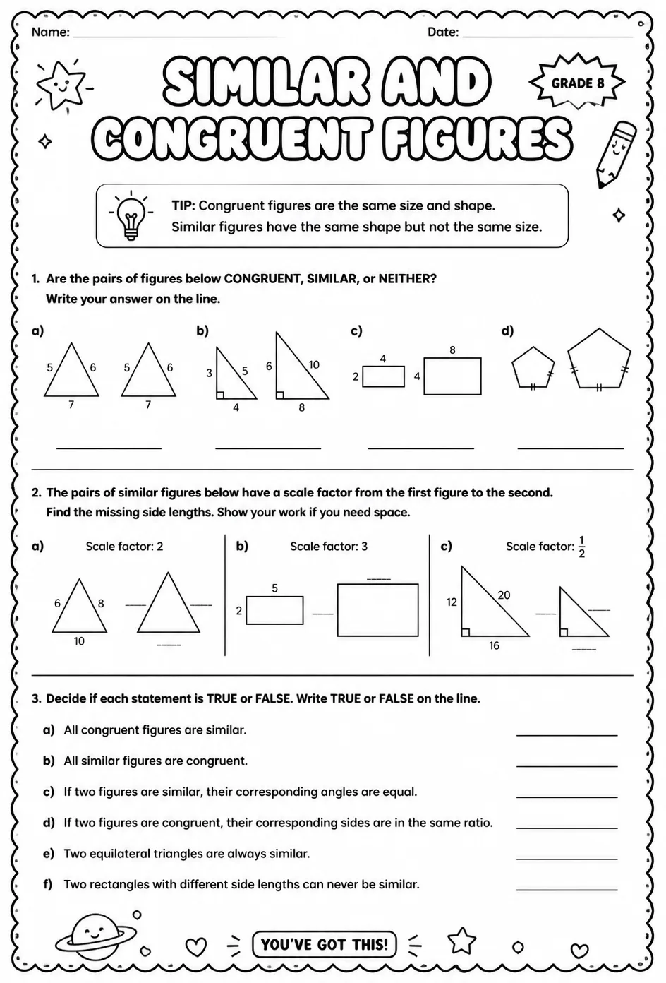 Similar and congruent figures — free printable Grade 8 math worksheet