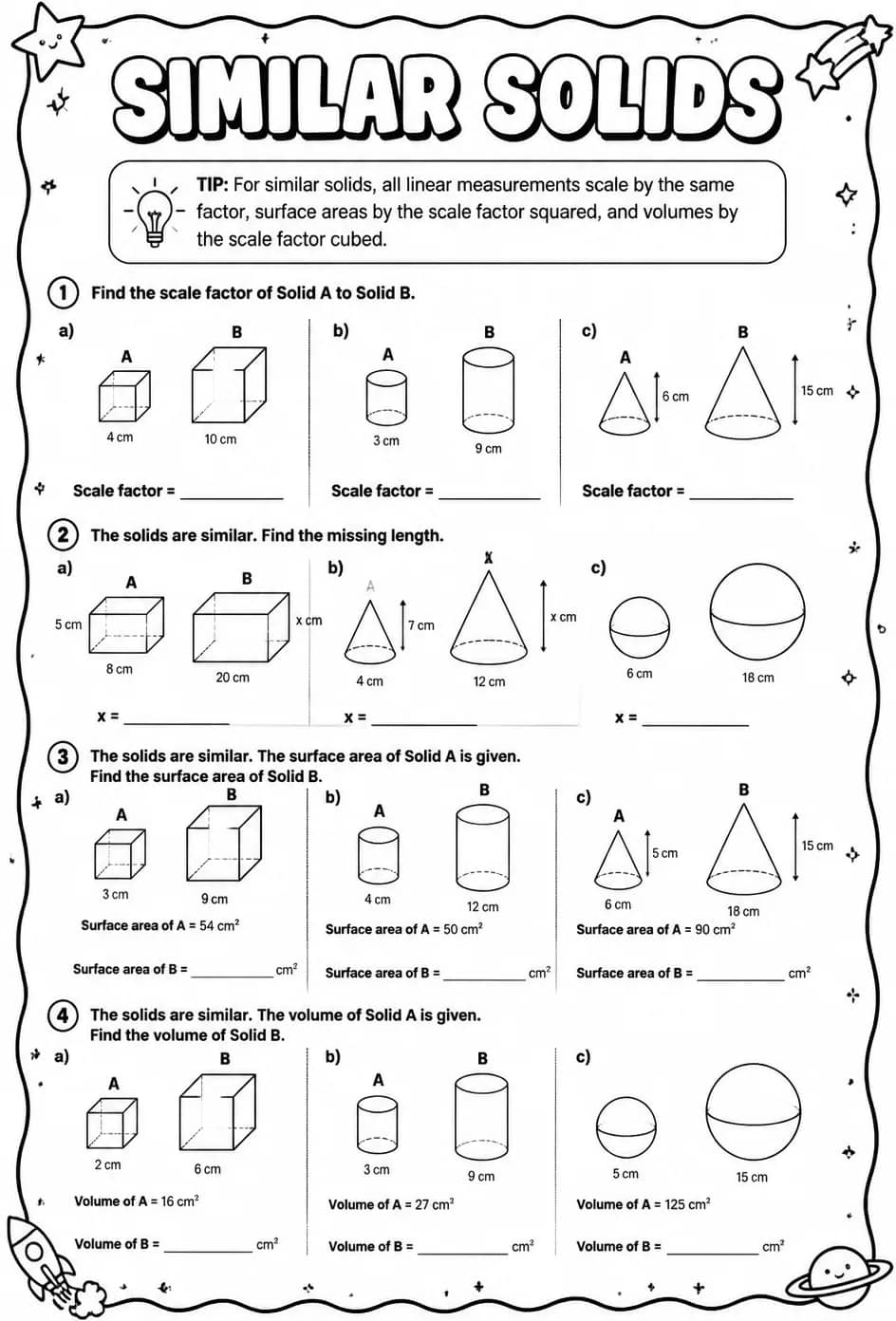 Similar solids — free printable Grade 8 math worksheet