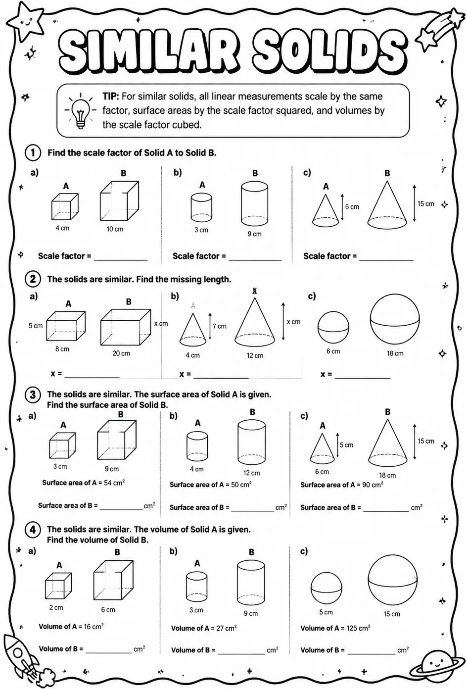 Similar solids — free printable Grade 8 math worksheet