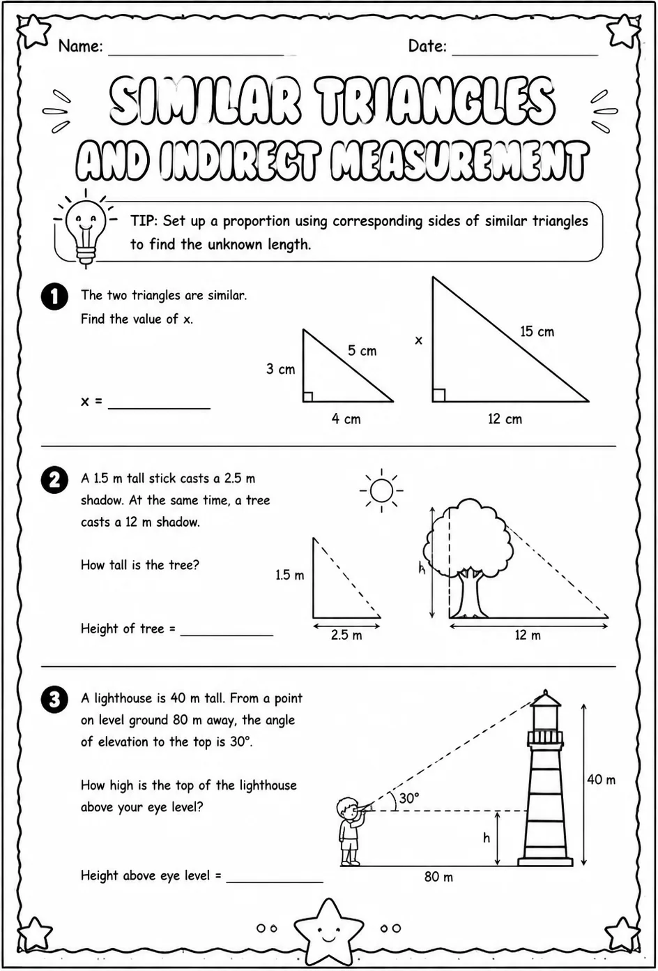 Similar triangles and indirect measurement — free printable Geometry math worksheet