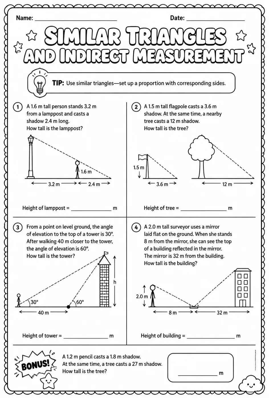 Similar triangles and indirect measurement — free printable Grade 8 math worksheet