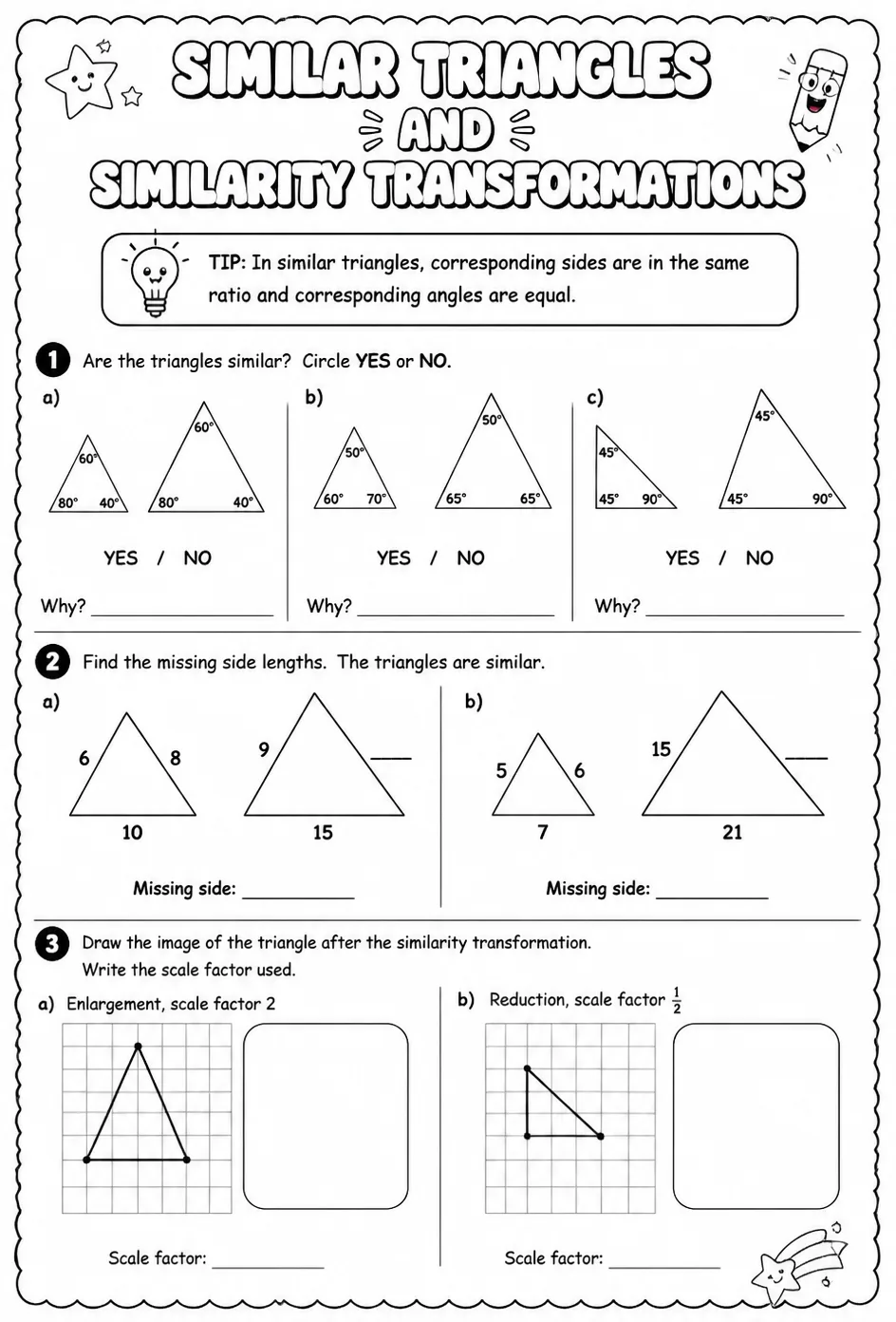 Similar triangles and similarity transformations — free printable Geometry math worksheet