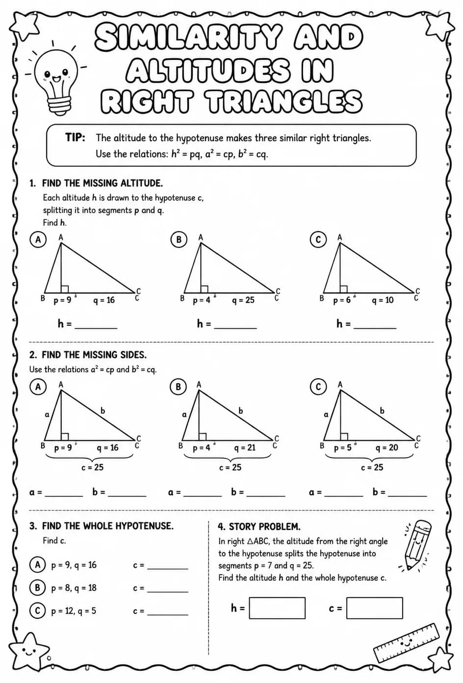 Similarity and altitudes in right triangles — free printable Geometry math worksheet