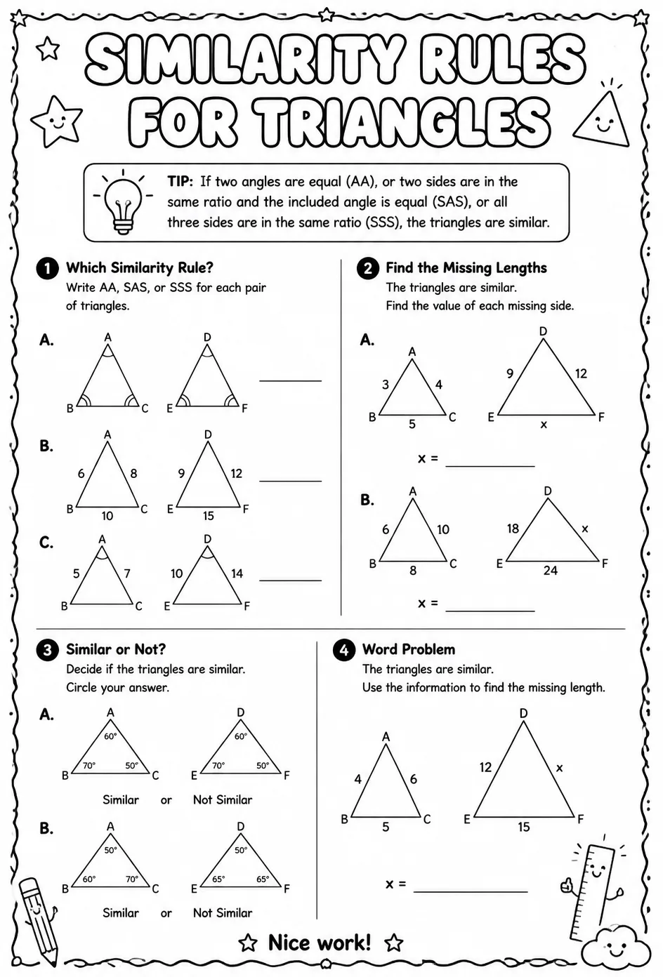 Similarity rules for triangles — free printable Geometry math worksheet