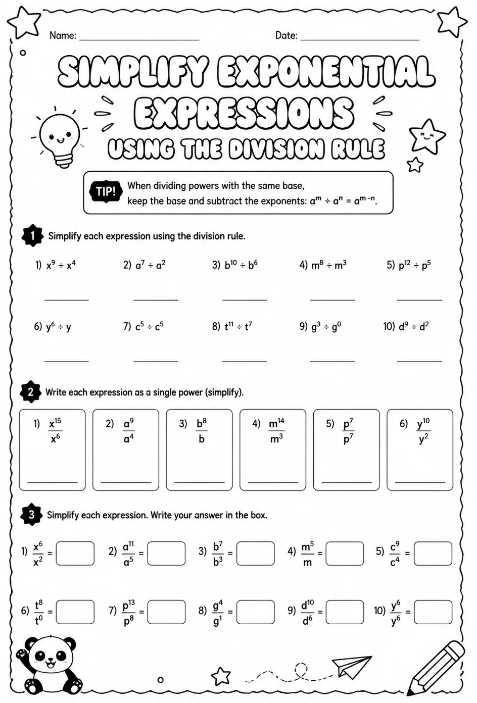 Simplify exponential expressions using the division rule — free printable Algebra 1 math worksheet