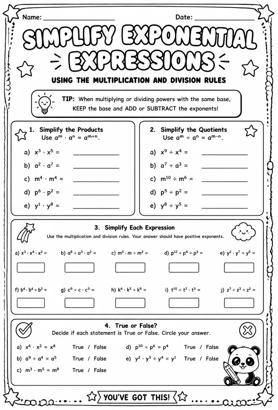 Simplify exponential expressions using the multiplication and division rules