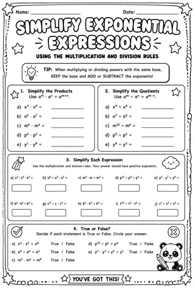 Simplify exponential expressions using the multiplication and division rules