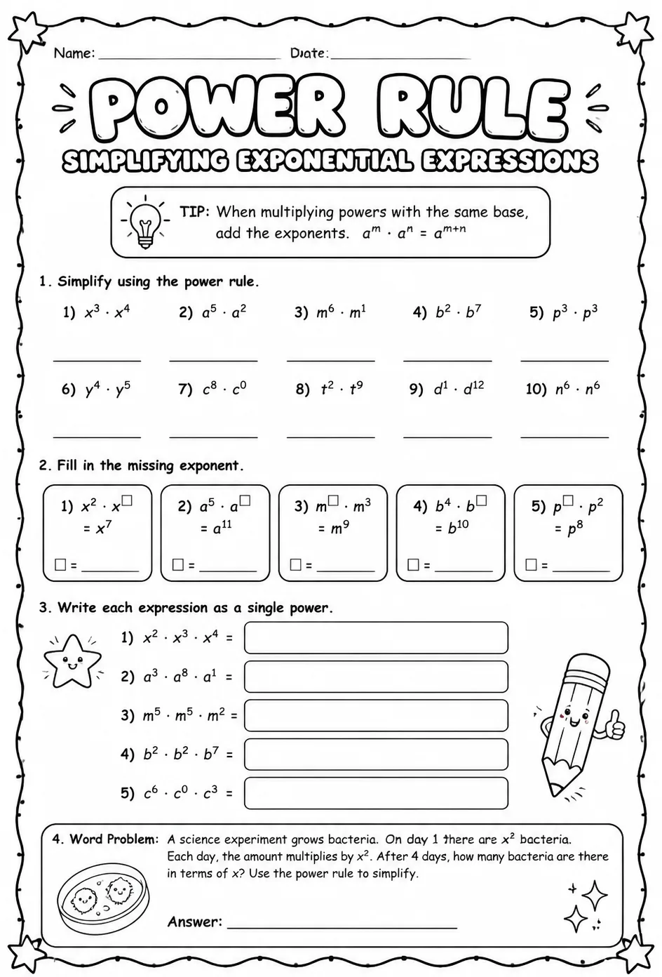 Simplify exponential expressions using the power rule — free printable Algebra 1 math worksheet