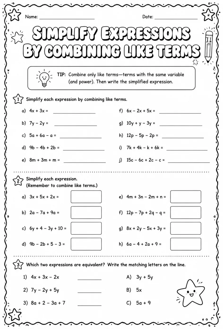Simplify expressions by combining like terms