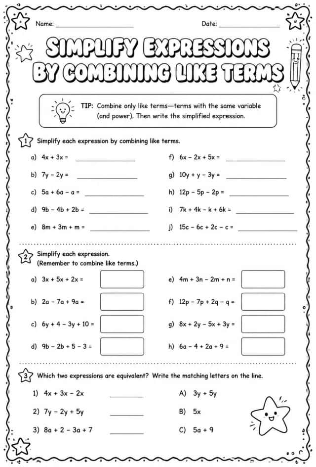 Simplify expressions by combining like terms
