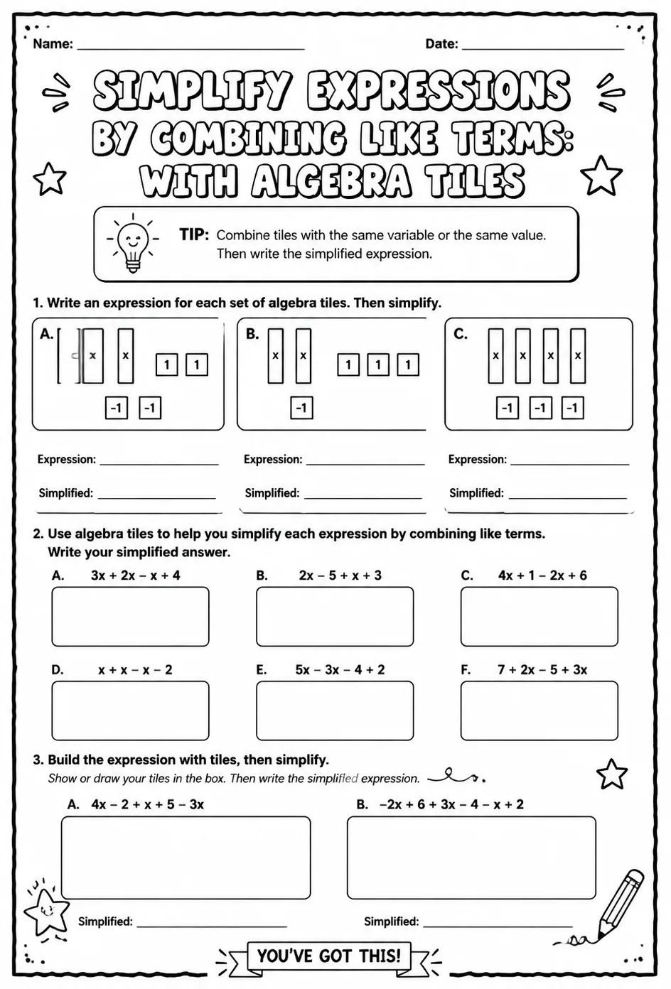 Simplify expressions by combining like terms: with algebra tiles — free printable Grade 7 math worksheet