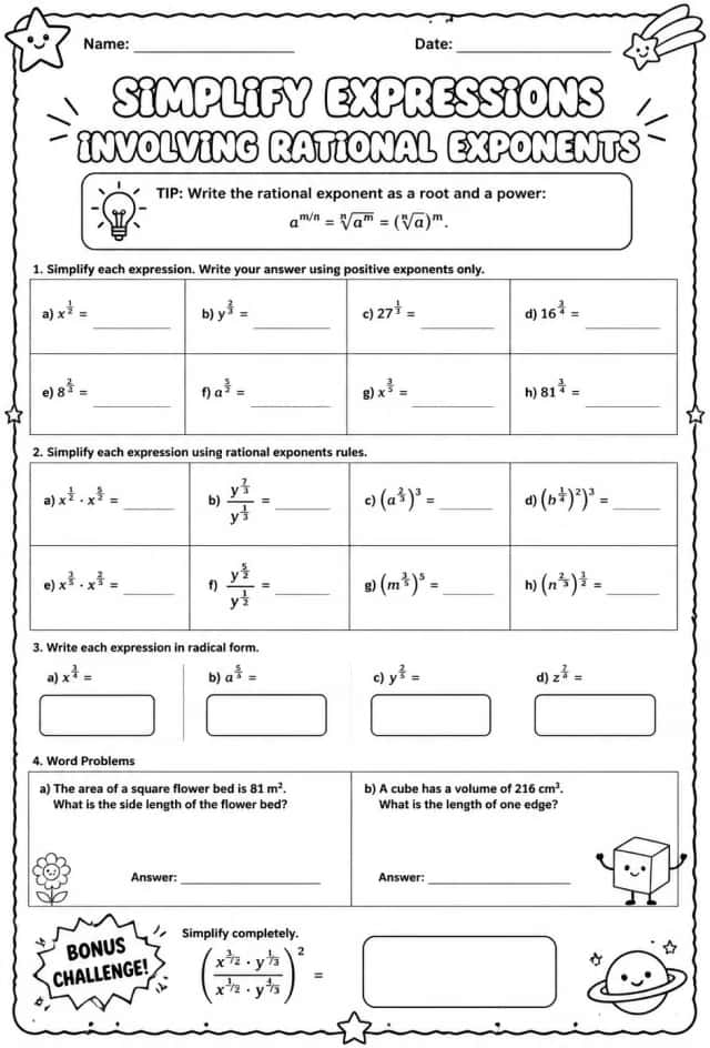 Simplify expressions involving rational exponents