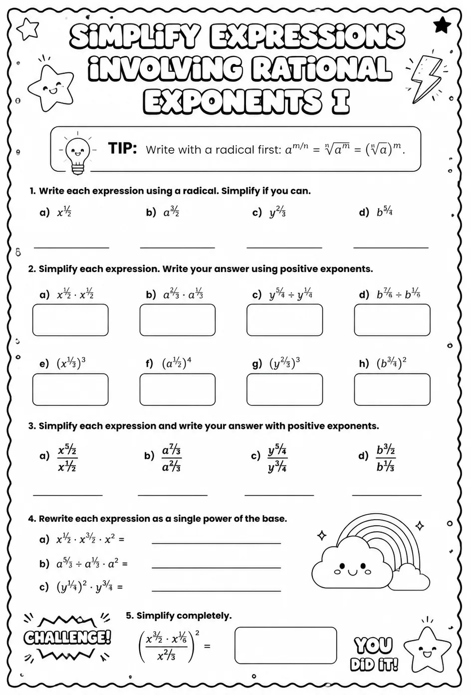 Simplify expressions involving rational exponents I — free printable Algebra 2 math worksheet
