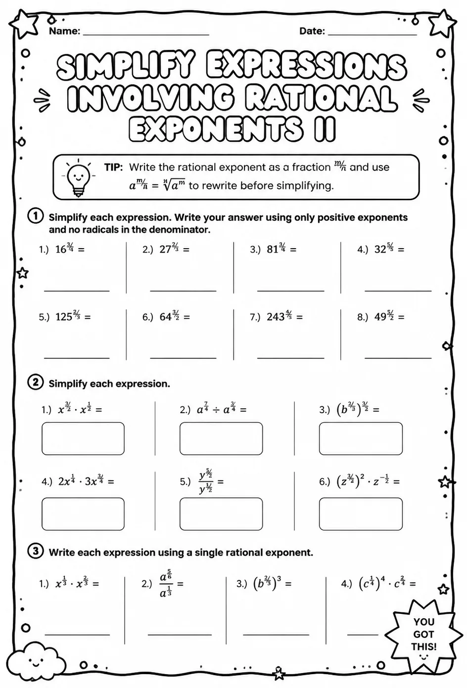 Simplify expressions involving rational exponents II — free printable Algebra 2 math worksheet