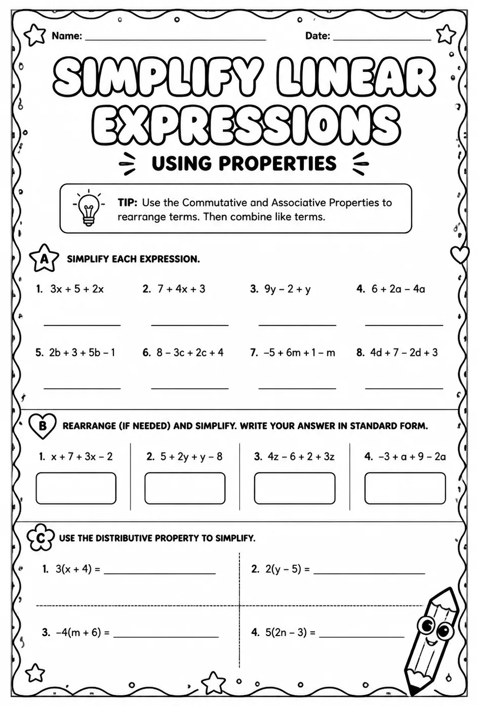 Simplify linear expressions using properties — free printable Algebra 1 math worksheet