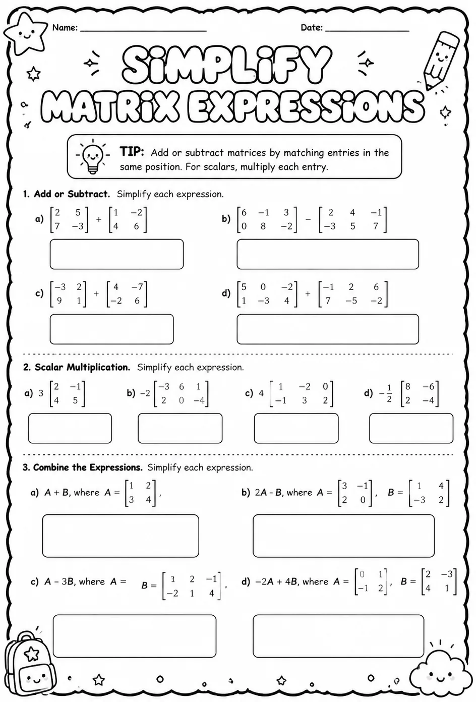 Simplify matrix expressions — free printable Algebra 2 math worksheet