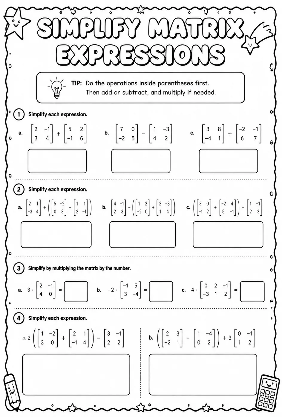 Simplify matrix expressions — free printable Precalculus math worksheet