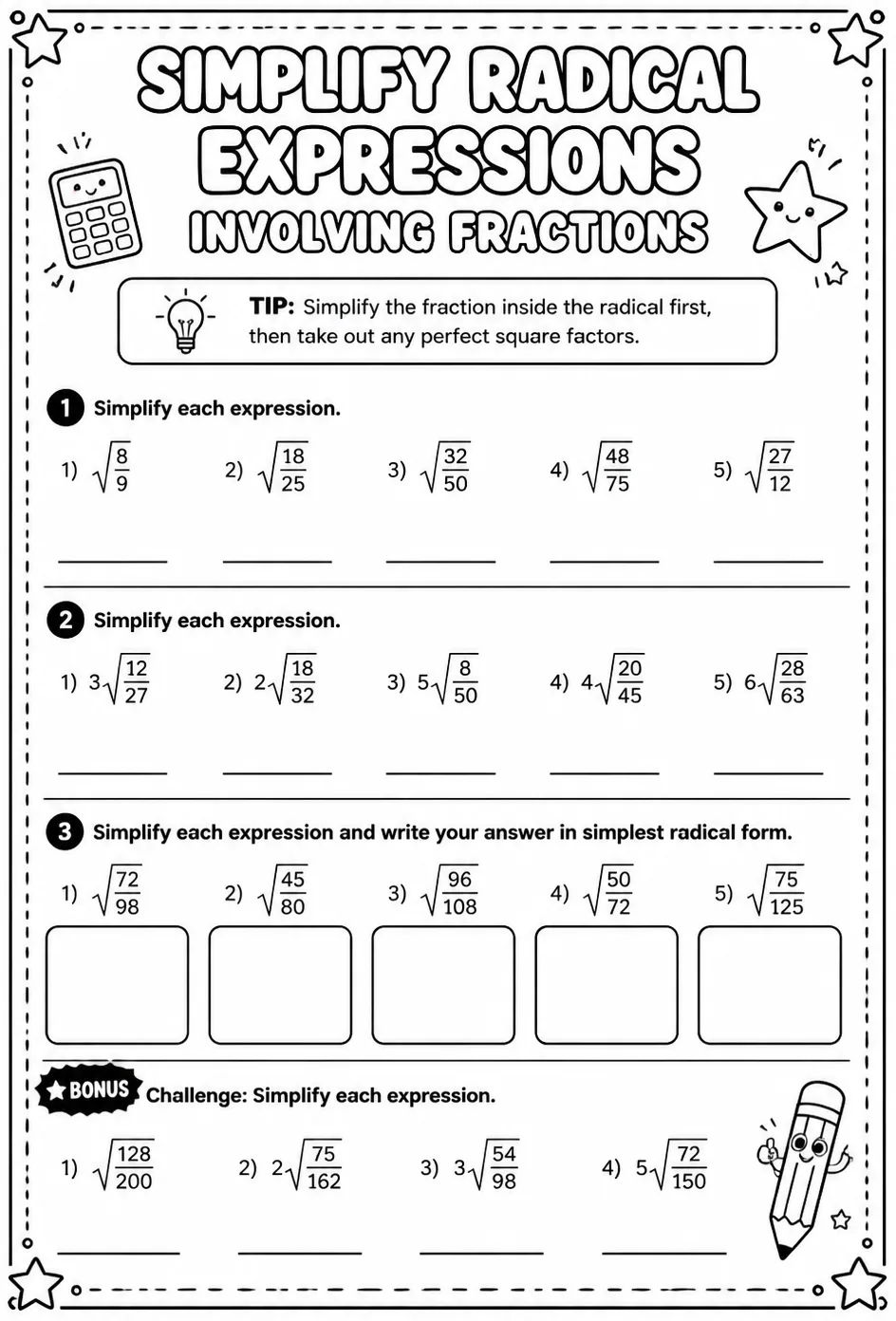 Simplify radical expressions involving fractions — free printable Algebra 1 math worksheet