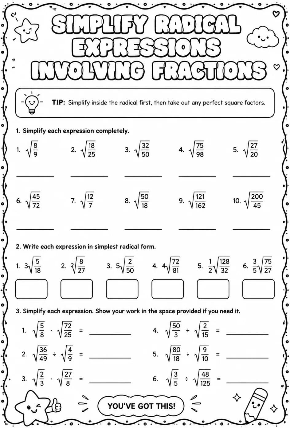 Simplify radical expressions involving fractions — free printable Algebra 2 math worksheet