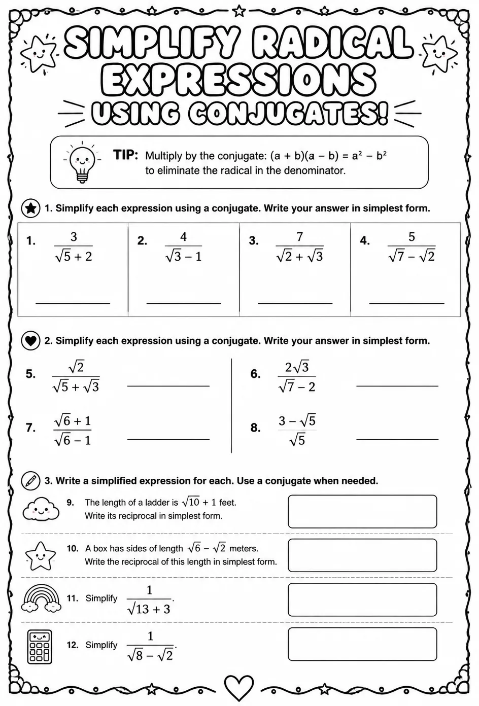 Simplify radical expressions using conjugates — free printable Algebra 1 math worksheet