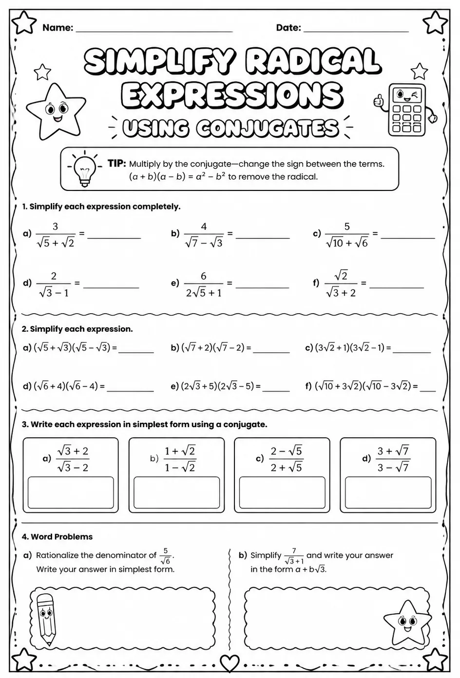 Simplify radical expressions using conjugates — free printable Algebra 2 math worksheet