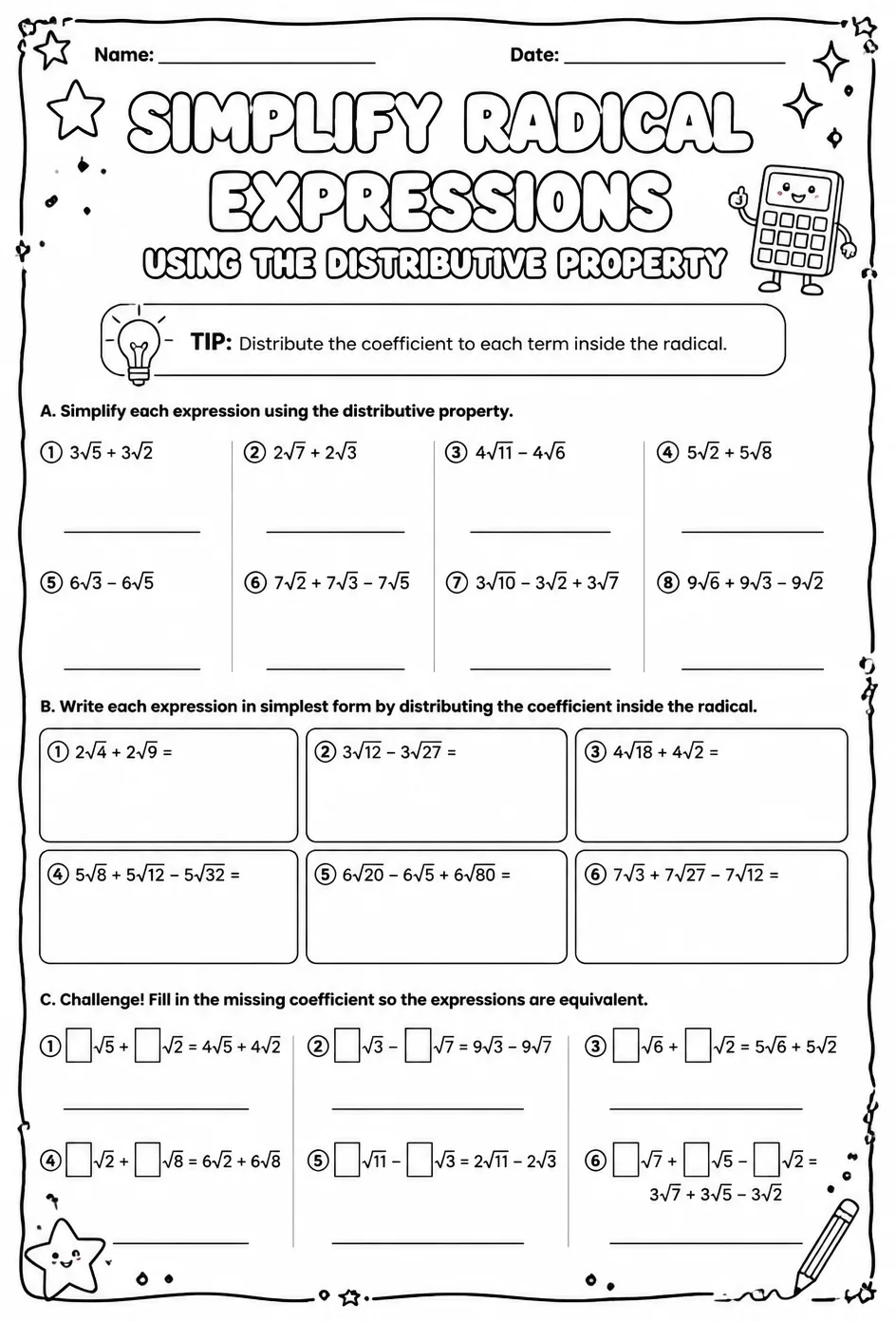 Simplify radical expressions using the distributive property — free printable Algebra 1 math worksheet