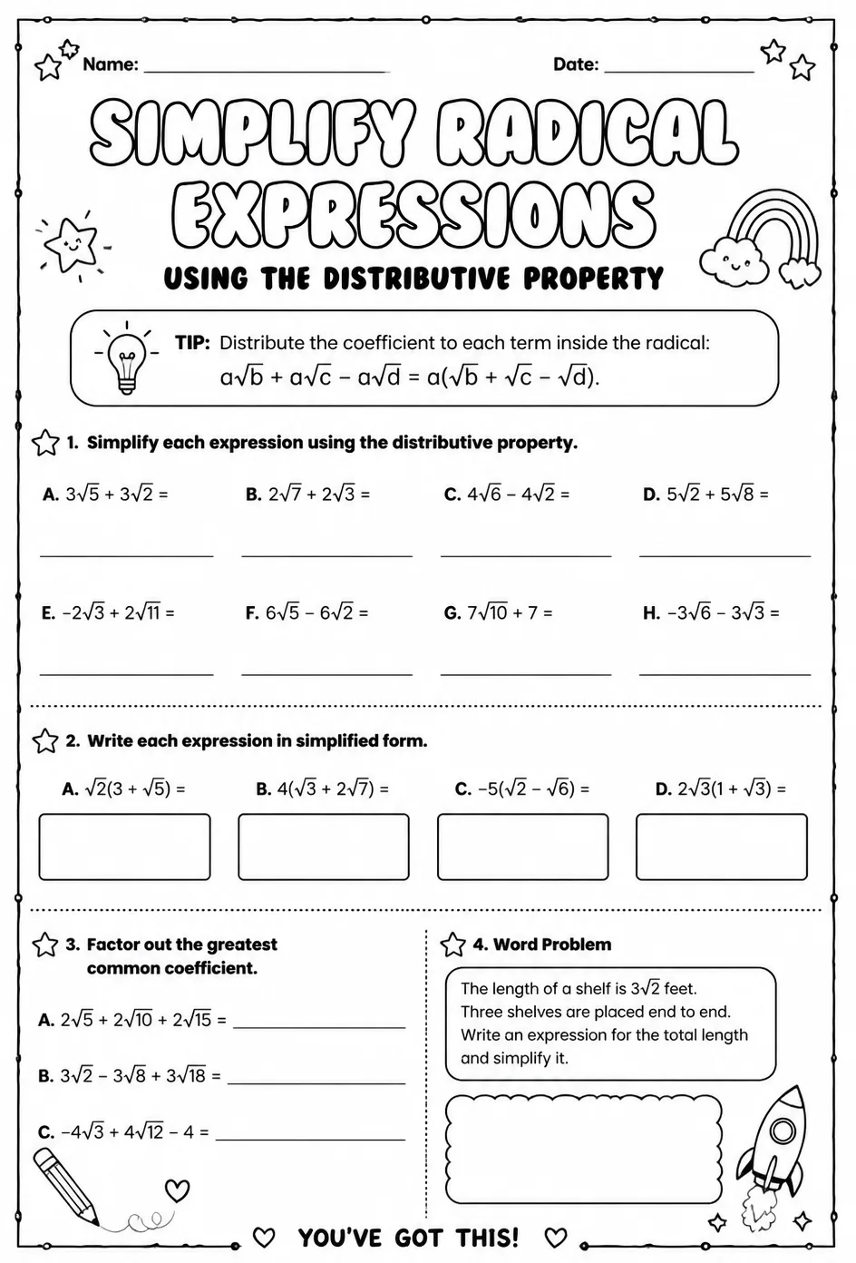 Simplify radical expressions using the distributive property — free printable Algebra 2 math worksheet